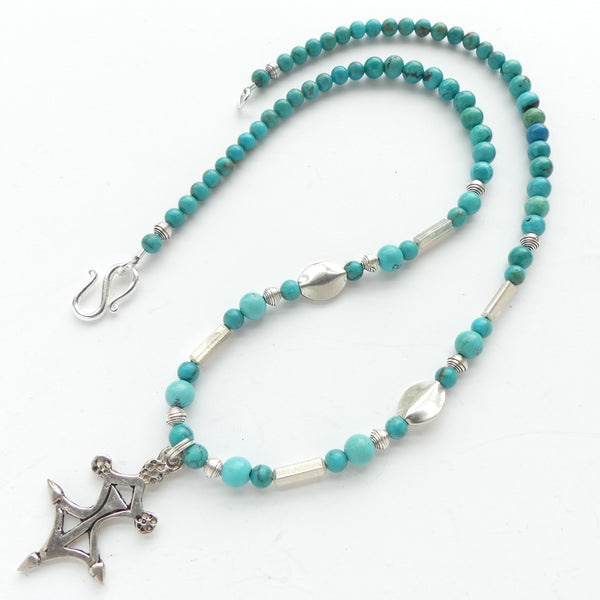 Turquoise with Mini Silver Tuareg Iferwane Cross & Indian Silver Beads, 17-inches