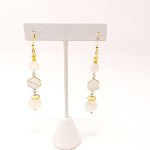 Mother of Pearl Coin Shape and Caged Beads with Gold Plated Beads, 2 inches long