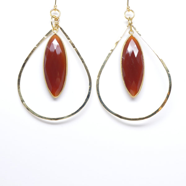 Earrings, Faceted Carnelian Long Ovals in Large Hammered Brass Hoops
