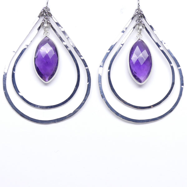 Earrings. Faceted Amethyst Oval Drops, Swining Free in Large Double Silver Hoops