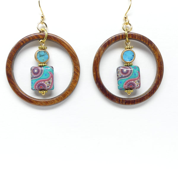 Earrings, Wood Hoops with Turquoise Framed and Painted Squares