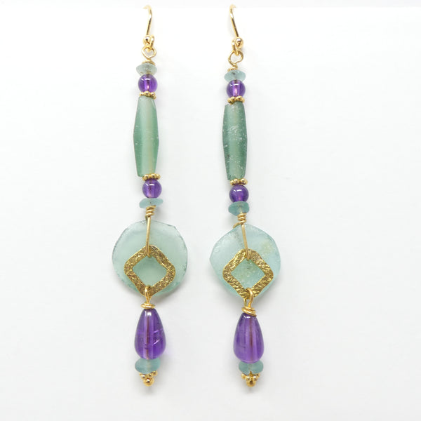 Earrings, Ancient Glass, Amethyst and Hammered Brass,