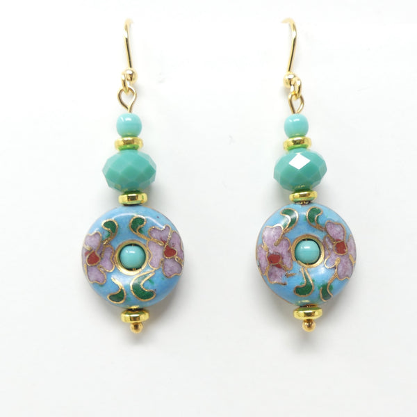 Earrings, Vintage Turquoise Cloisonne Donut Shapes with Glass, 1.25 inches long w/out hooks
