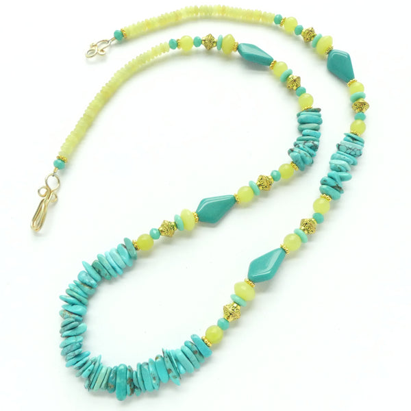 Necklace, Turquoise, Olive Jade and Glass, 24 inches Long
