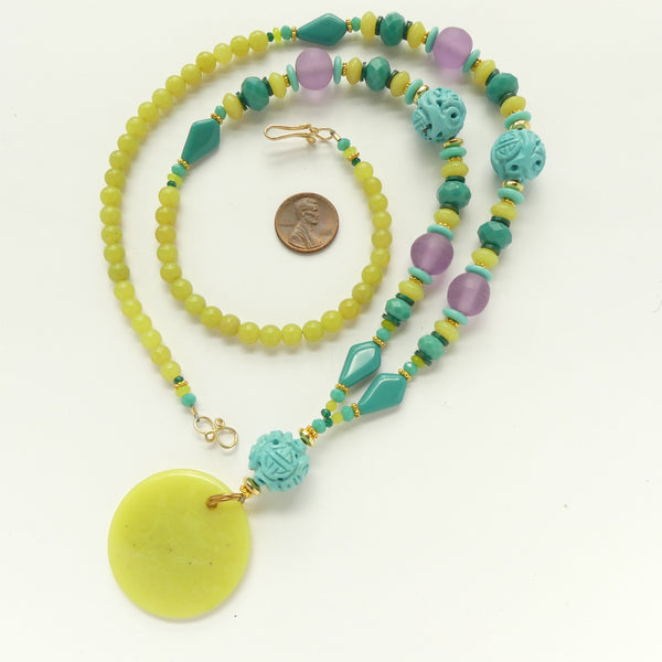 Necklace, Turquoise, Lime and Lavender with Pendant, 36 inches long.