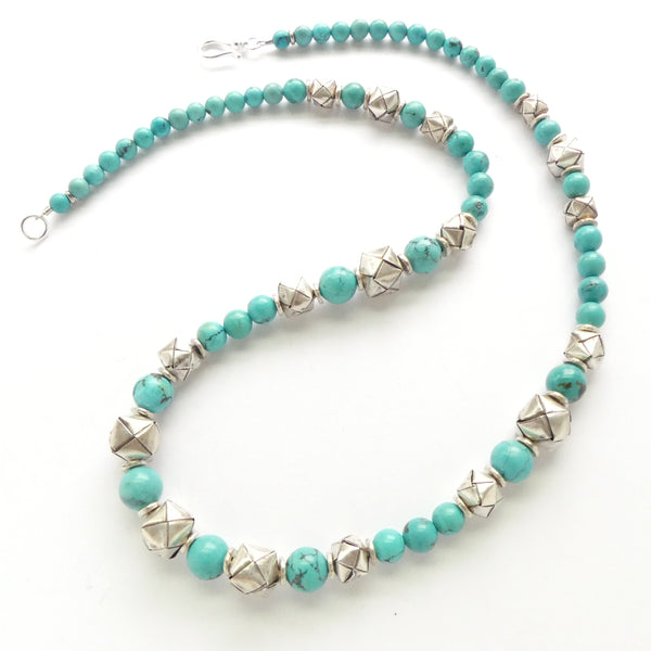 Turquoise Round Beads 10 to 6mm with Thai Silver Origami Beads, 22 inches