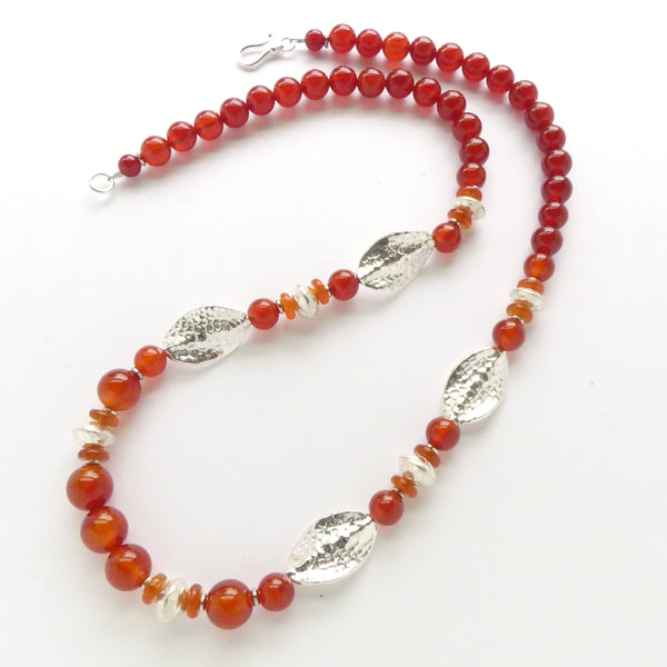 Carnelian Round Beads with Thai Sterling Silver Hammered Beads, 23 inches long