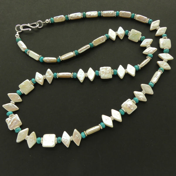 Necklace, White Pearls in Geometric Shapes with Turquoise and Gold, 27 inches