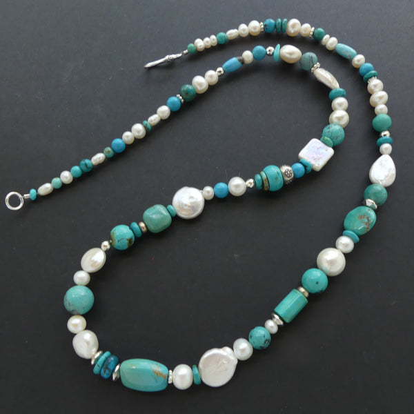 Necklace, Pearls, Turquoise and Silver, 25 inches Long