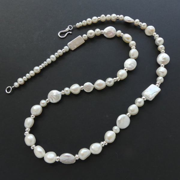Necklace, White Pearls in a Full Range of Shapes and Sizes with Silver, 24 inches long