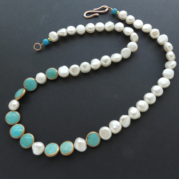 Necklace, Large White Freshwater Pearls with Turquoise Coin Shape Beads, 22 inches long