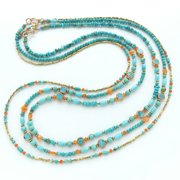 Long Delicate Necklace of Turquoise with Carnelian, 29 inches long