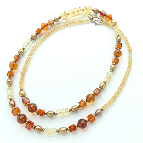 Necklace of Citrine, Amber, and Bronze Pearls, 28-inches long