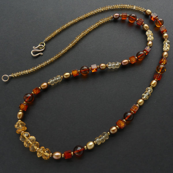 Necklace of Citrine, Amber, and Bronze Pearls, 28-inches long