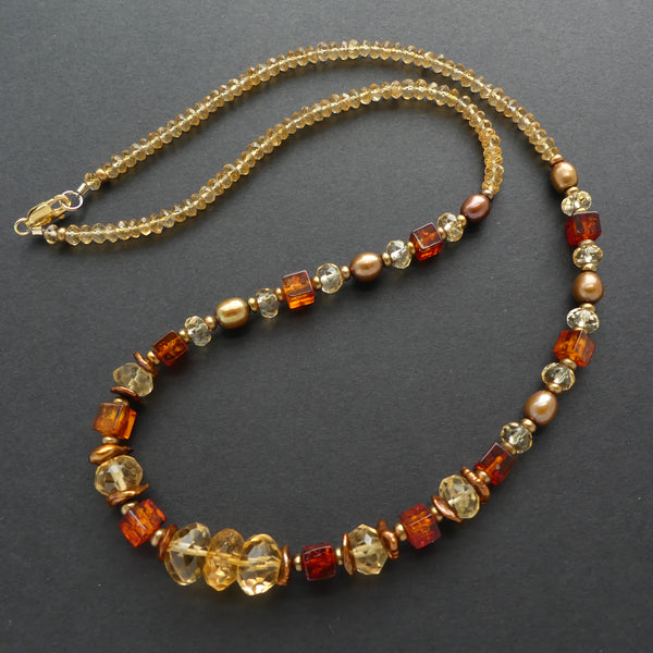 Necklace of Citrine, Baltic Amber and Bronze Pearls, 20 inches long