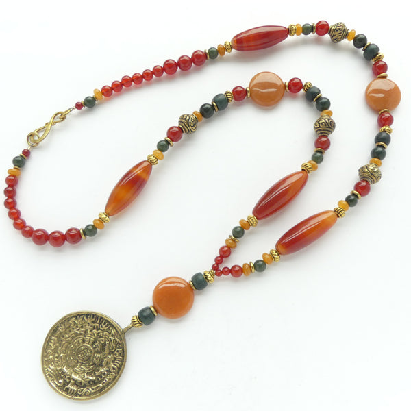 Necklace, Carnelian, Red Aventurine, Yellow Jasper, Jade and Tibetan Zodiac Pendant, 34 Inches Long