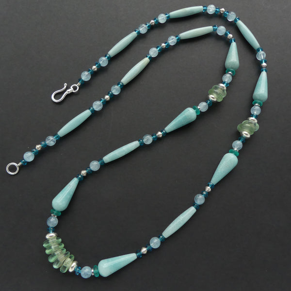 Amazonite Teardrops & Long Ovals, Aquamarine Round Beads, Glass & Silver, 30 inches Long
