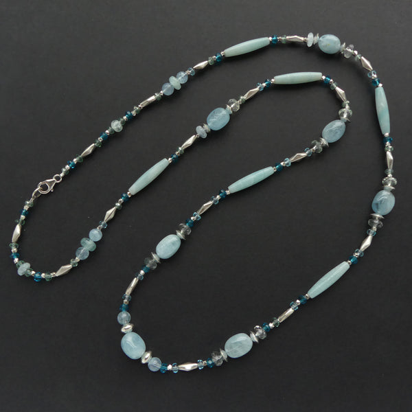 Aquamarine Smooth Nuggets & Faceted Rondelles with Amazonite Long Ovals & Silver, 35 inches long