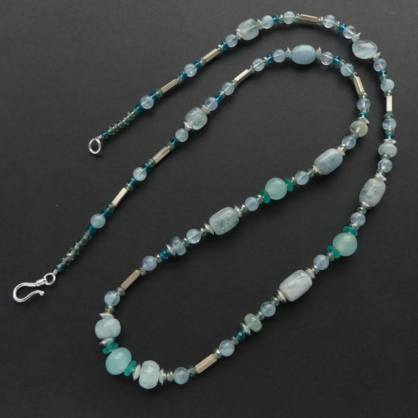 Aquamarine Long Necklace with Thai Silver Tube Beads & Faceted Teal Crystals, 31 inches long