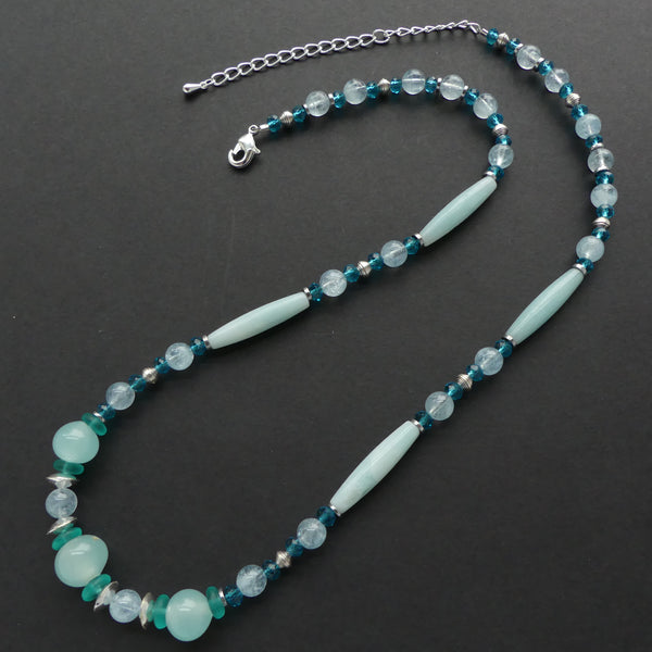Aquamarine, Amazonite & Teal Crystal Beads with Sterling Silver, Adjustable 18 -22 Inches