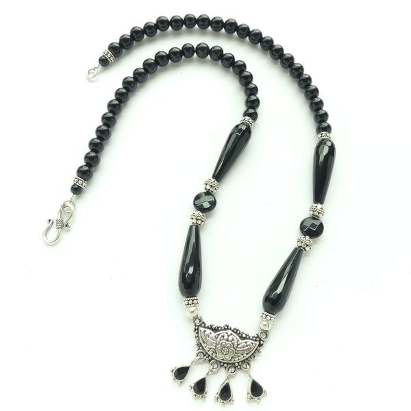 Black Onyx with Turkish Flower Pendants and Indian Sterling Silver Beads, 18-inches Long