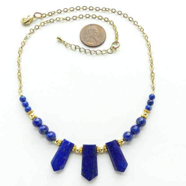 Necklace, Lapis Lazuli Points and Round 6mm Beads on Gold Plated Chain, 18 inches