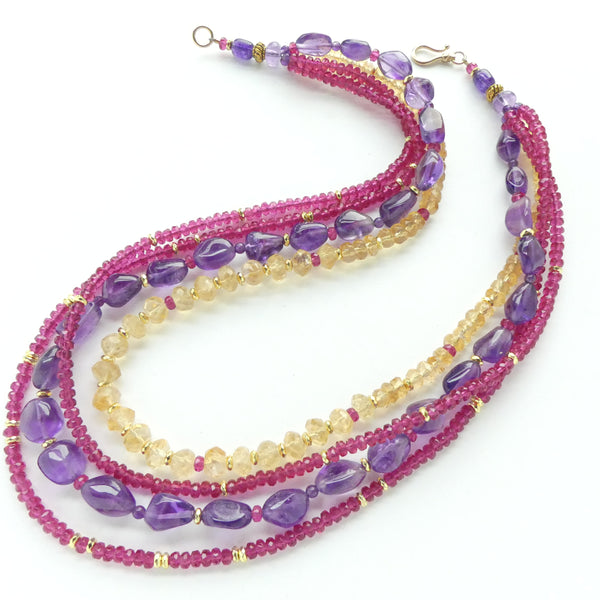 Amethyst, Citrine & Ruby Color Glass Crystals, 4-Strand Necklace, 20 inches