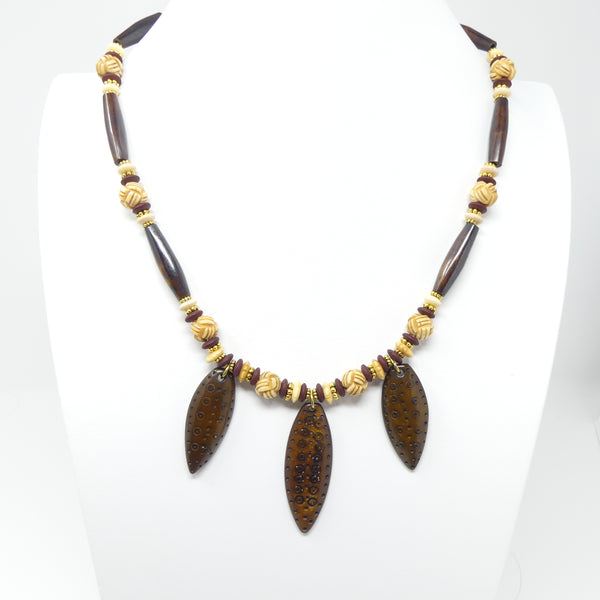 Necklace, Bone with Pendants, Mostly Dark Brown with Lighter Accents, 21 inches long