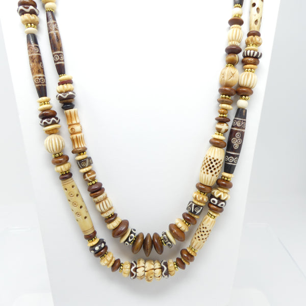 Necklace, Long 2-Strand Style of Mostly Vintage Bone Beads, Longer Strand 34 inches