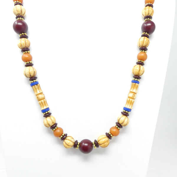 Necklace, Bone, Carved & Antiqued with Amber & Burgundy Resin, 28 inches Long