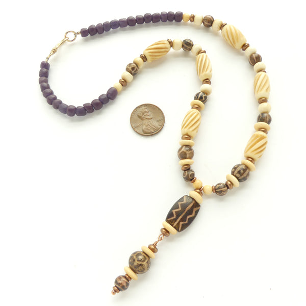 Necklace, Bone with Small Pumtek Beads, Copper and Indonesian Brown Glass, 18 inches