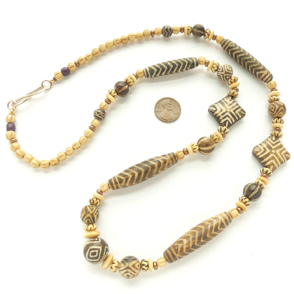 Necklace, Bone and Pumtek Beads in Assorted Shapes with Copper, 32 inches long