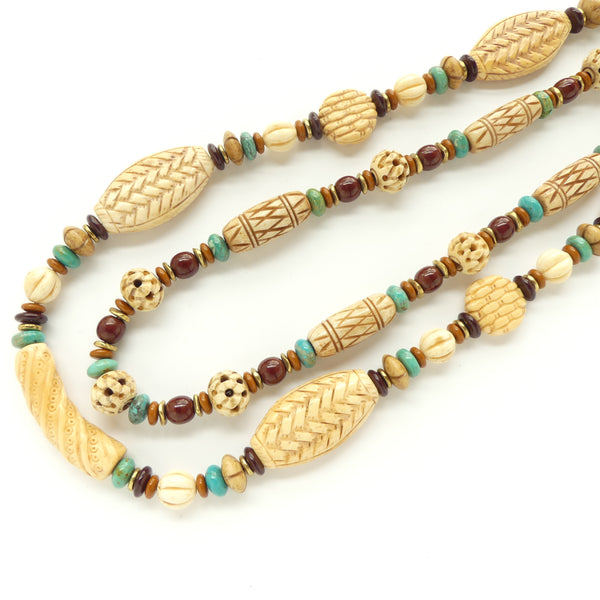 Necklace: Vintage Carved Bone Beads with Turquoise, Glass & Brass, 25 inches