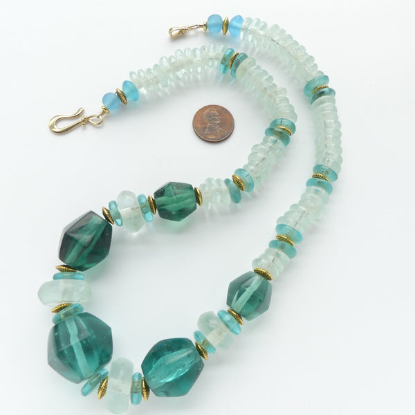 Arctic Ice Necklace, Recycled Glass Beads from Ghana and Indonesia, 22 inches long