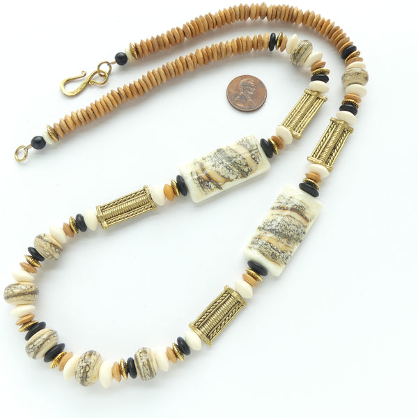 Contemporary Lampwork with African Brass and Indian Wood Beads, 28-inches long