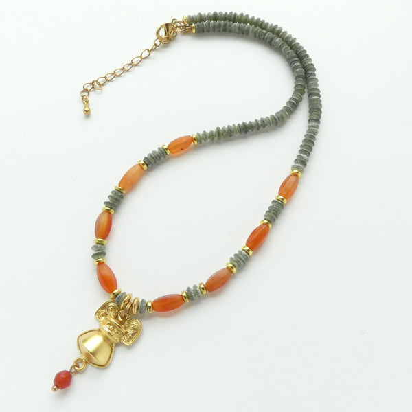 Pre-Columbian Gold Plated Reproduction with Serpentine & Carnelian, 15-18 inches long