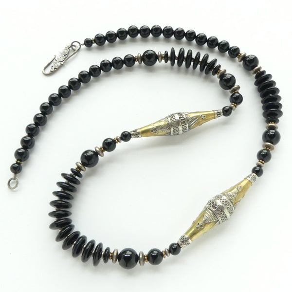 Turkoman Long Bicones 2 inches long with Black Onyx and Glass, 27 inches long
