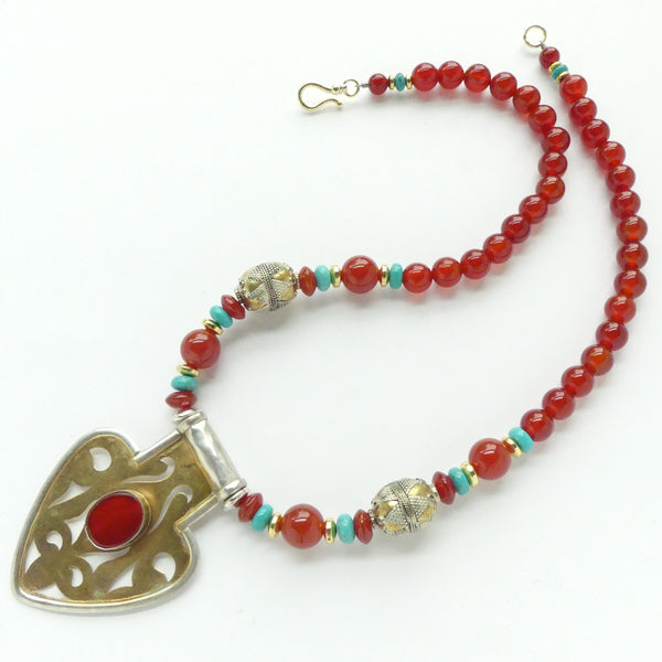 Necklace, Carnelian with Turkoman Heart Pendant, Turquoise & Turkoman Oval Beads, 18 inches long