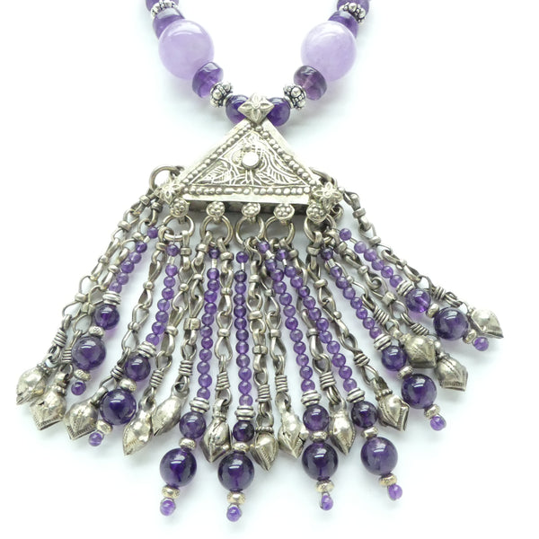 Amethyst and Cape Amethyst with Large Indian Silver Triangle Pendant, 18 inches