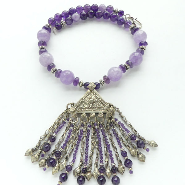 Amethyst and Cape Amethyst with Large Indian Silver Triangle Pendant, 18 inches