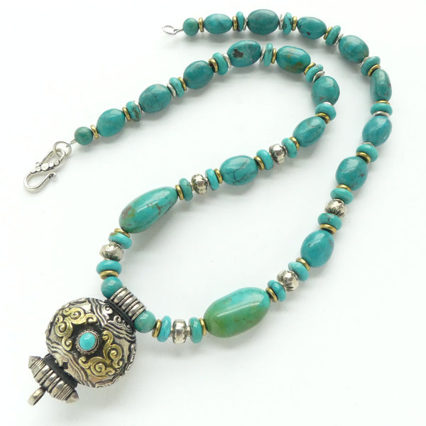 Turquoise with Vintage, Engraved Nepalese Amulet Case (Gao), 21 inches