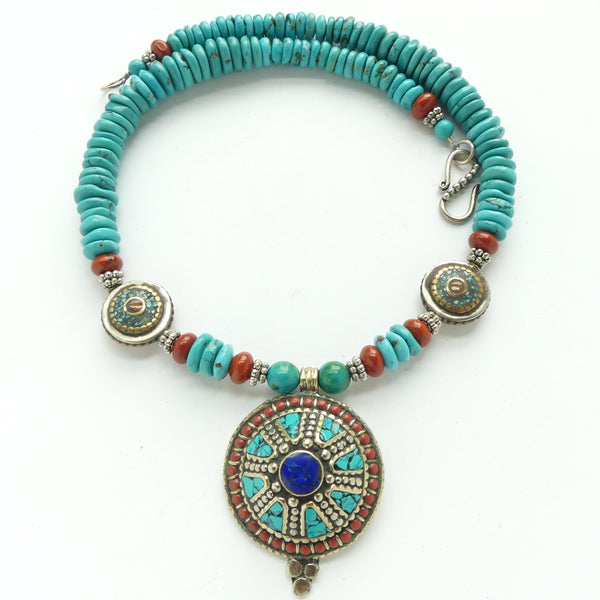 Necklace, Nepalese Pendant with Turquoise, Lapis & Coral with Turquoise, 19 inches