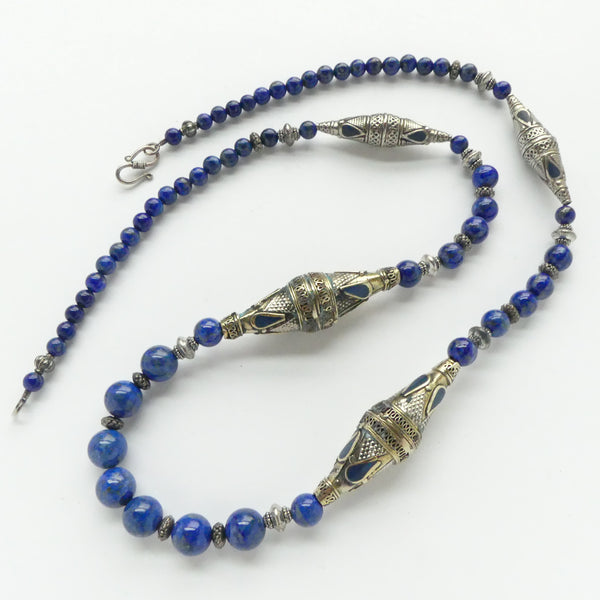 Lapis and Afghan Bicones with Lapis Inlay & Round Beads Graduated 10 to 5mm, 27 inches