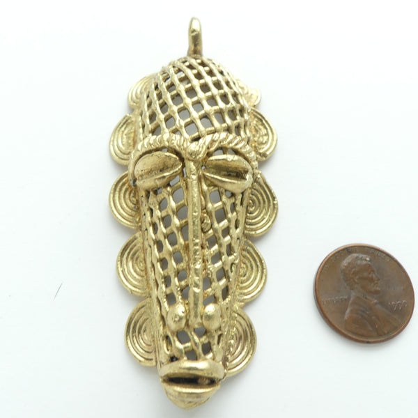 Brass. Bright New Lost Wax Cast Face Pendant from Ghana, 32x78mm