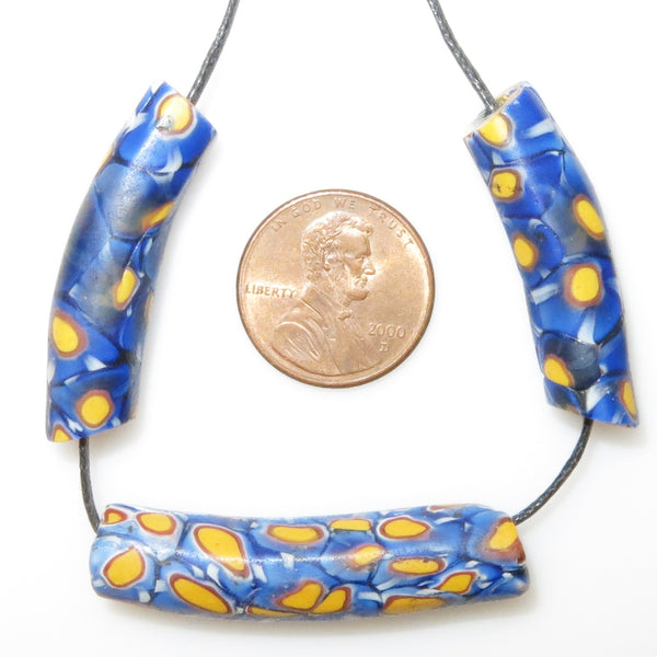 Millefiori, Antique Venetian African Trade Beads, Set of 3 Blue Elbows
