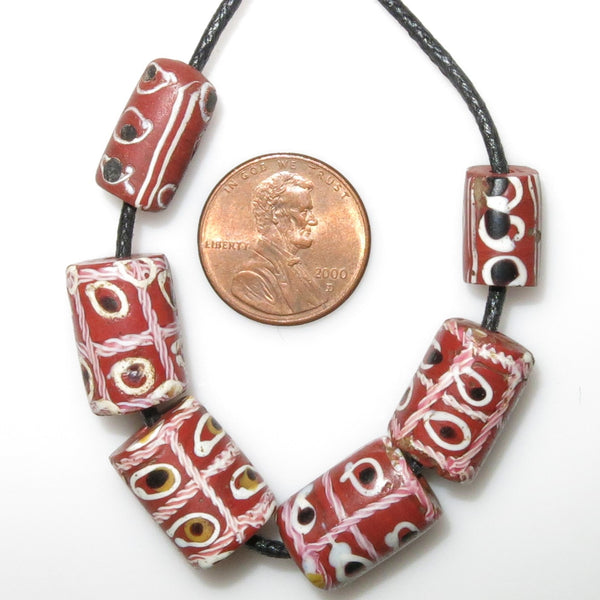 Lampwork, Antique Venetian Brown "Tic Tac Toe" Trade Beads, Set of 6 Beads