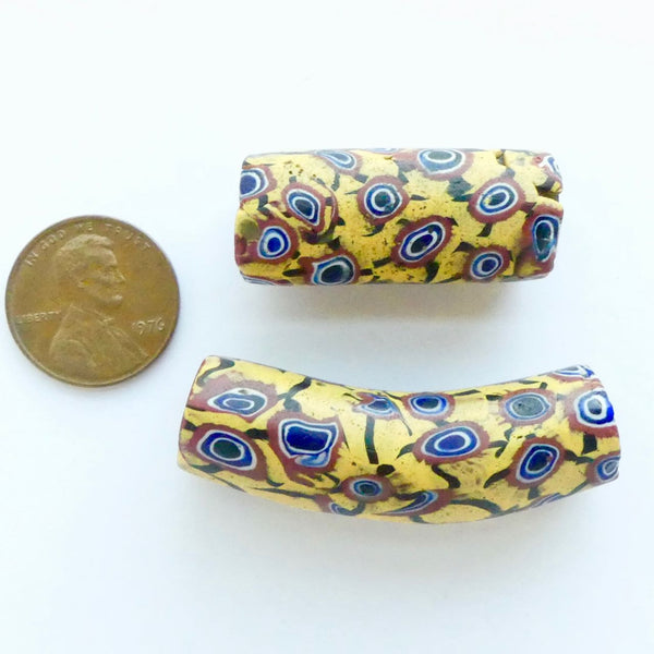 Millefiori, Antique Venetian Trade Beads, Matched Elbow & Cylinder Yellow