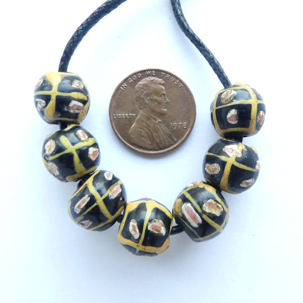 Lampwork, Antique Venetian Black "Tic Tac Toe" Variation, Set of 7