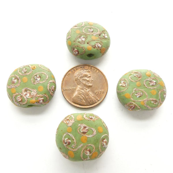 Lampwork, Antique Venetian Green Tabular with Latticino Eye Designs, Sold Individually