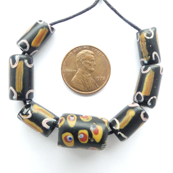 Lampwork, Antique Venetian Black with Color Trade Beads, Set of 7